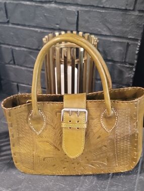 Vintage Hand-Tooled Leather Tote Shoulder Bag in Olive